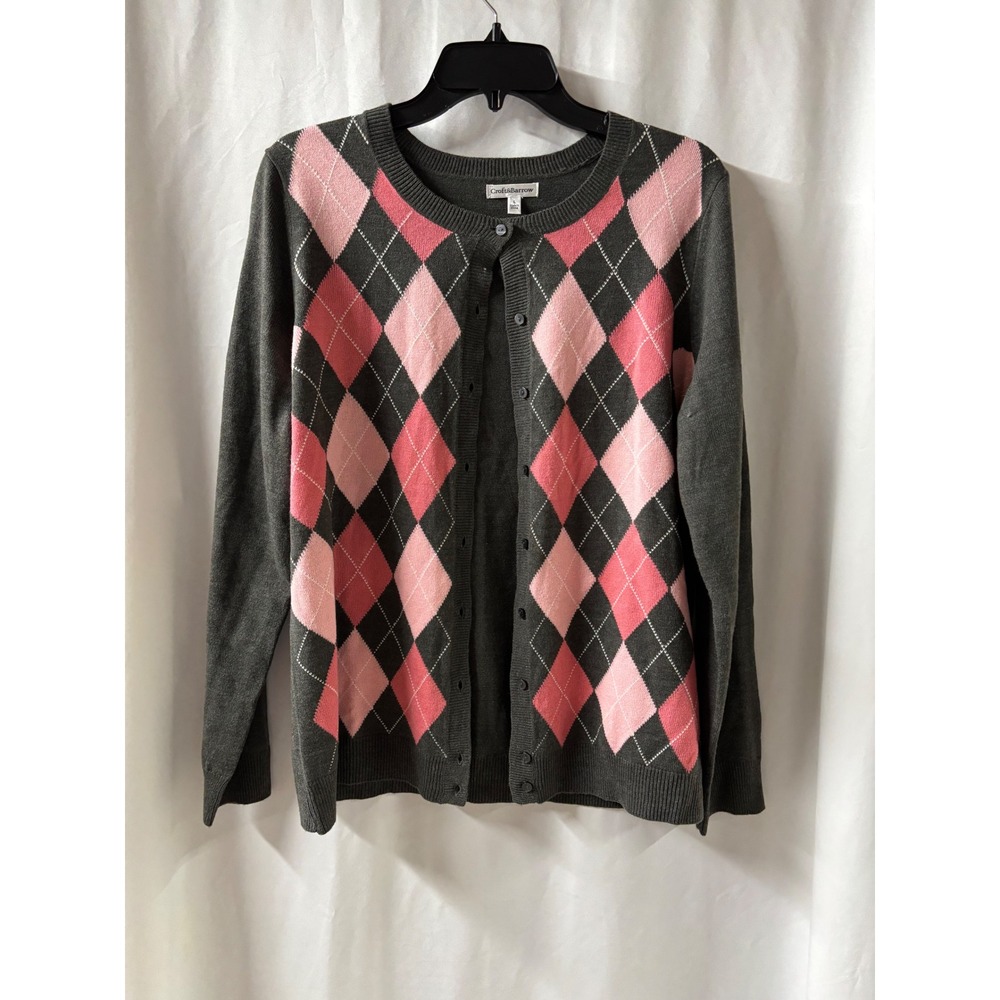 Croft & Barrow Womens Cardigan Sweater Argyle Gray Pink LS Button Up Size L